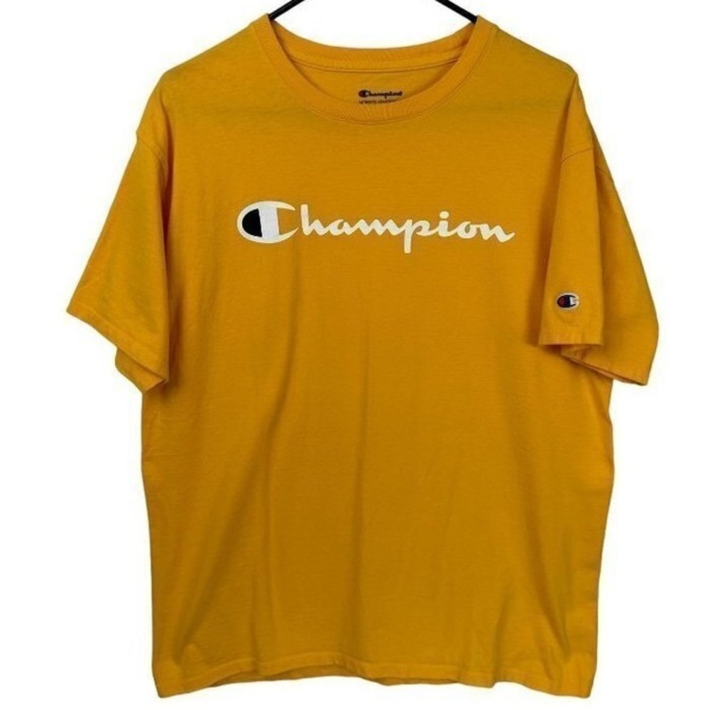 Champion Mens Script Logo Graphic T-Shirt Mustard Yellow Size Large Short Sleeve